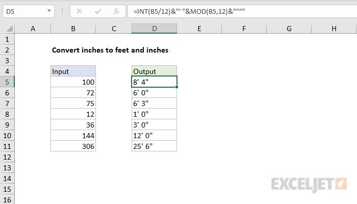 Convert inches to feet and inches Excel formula Exceljet